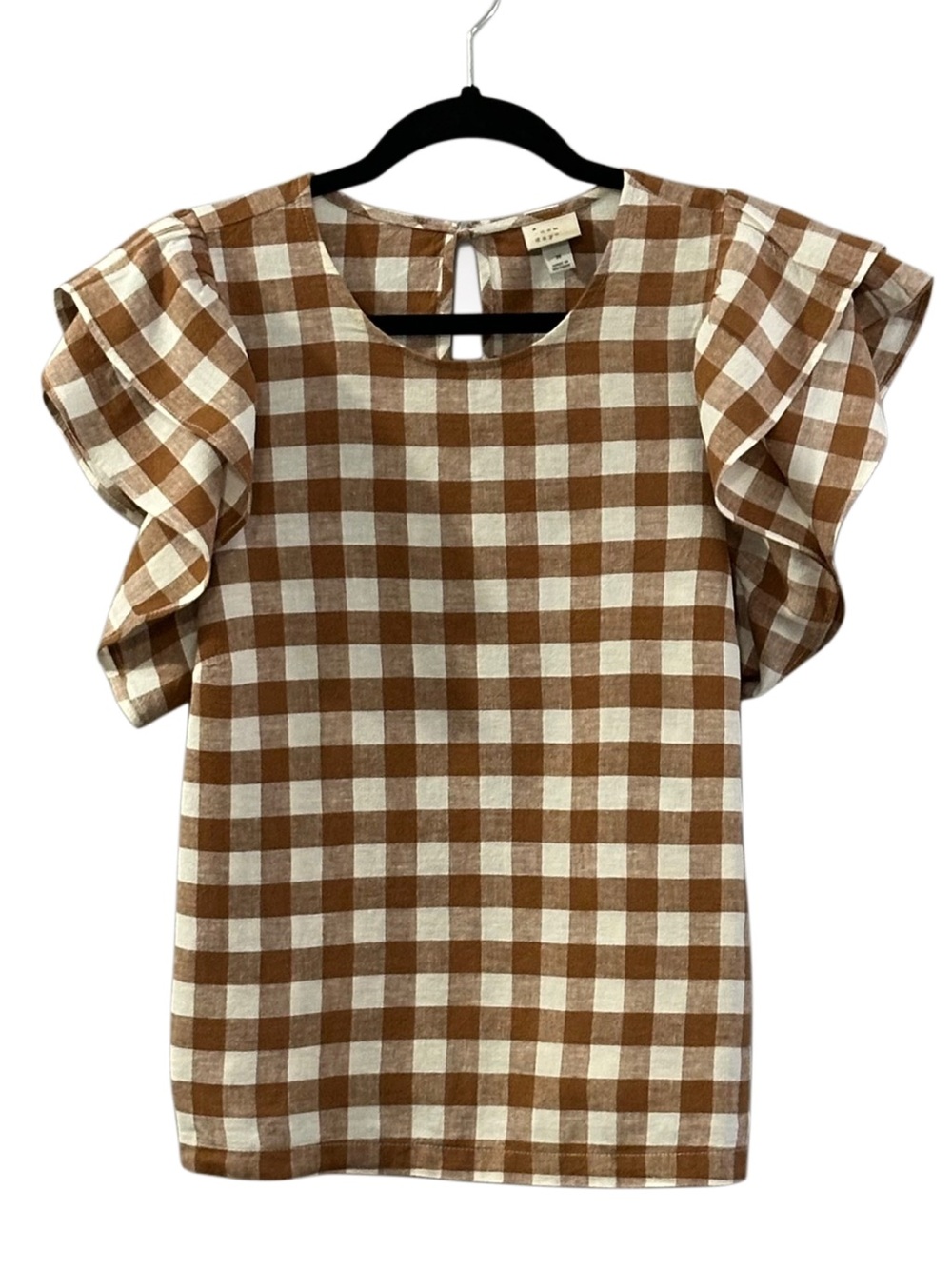 A New Day Brown and White Gingham Ruffle Sleeve Counrty Blouse Linen Blend